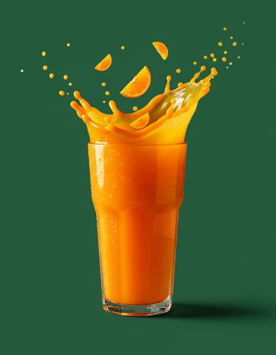 Popberry orange juice cup with a crown splash on a forest green backdrop